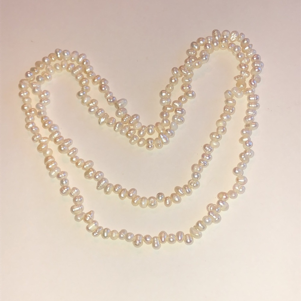 Freshwater Pearl Long Necklace - Cream Pearlescent Strand - Picture 2 of 4